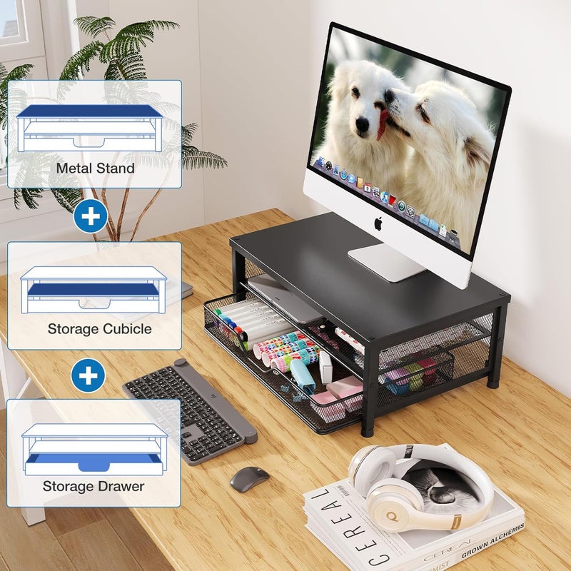 OPNICE Computer Monitor Stand Riser, Desk Organizer with Drawer, Laptop Stand, Office Desk Accessories & Workspace Desktop Organizers Storage for Office Supplies(Black 2-Pack) - Image 4